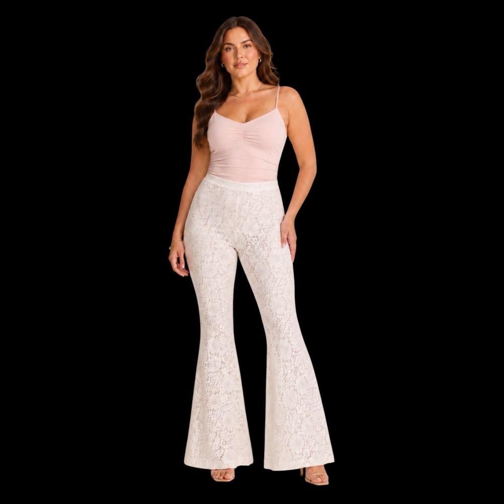 Prettylittlething White Floral Lace Flare Pants High Waist Sheer Sz 10 Festival